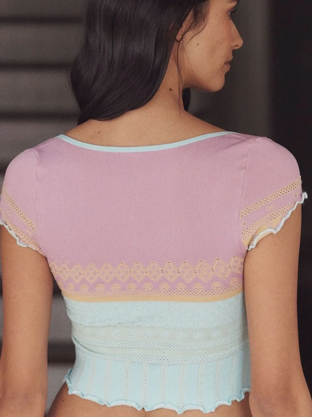 Anthropologie LyreBird Pastel Lavender Aqua Stretchy Textured Button-Front Top